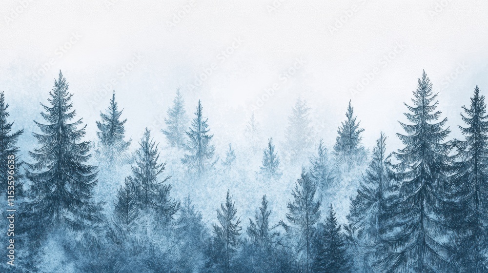 Winter themed doodle of snowy evergreen trees in a misty forest during a serene morning light. Generative AI Winter themed doodle of snowy evergreen trees in a misty forest during a serene morning light. Generative AI