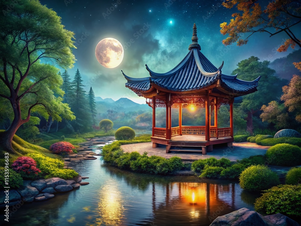 Obraz premium Serene Night: Minimalist Asian Pavilion in Moonlit Garden - Oil Painting Style
