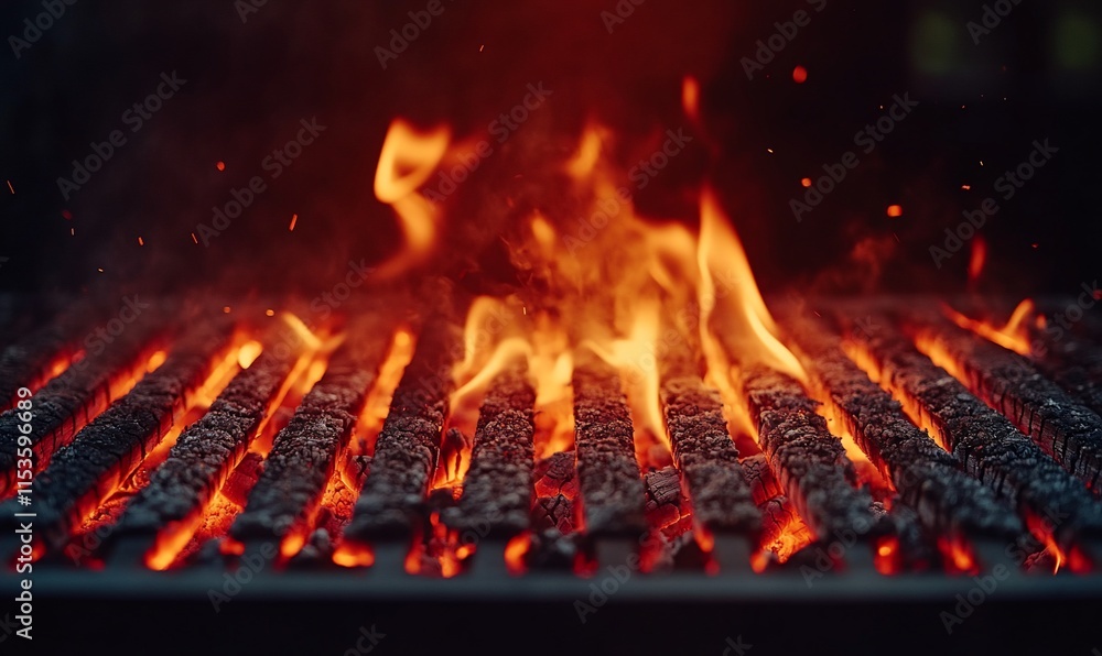 A close-up of a grill with flames and glowing embers, ready for cooking. A close-up of a grill with flames and glowing embers, ready for cooking.