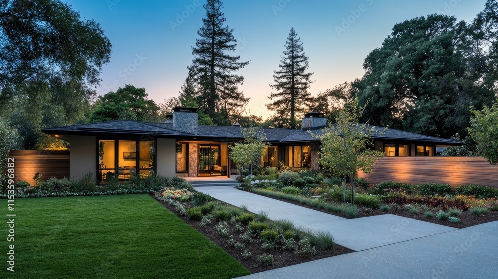 Modern Architectural Home Surrounded by Trees at Dusk Modern Architectural Home Surrounded by Trees at Dusk