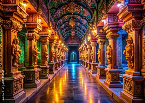 Serene Night at Ancient Temple: Illuminated Corridor, Intricate Carvings, Peaceful Atmosphere