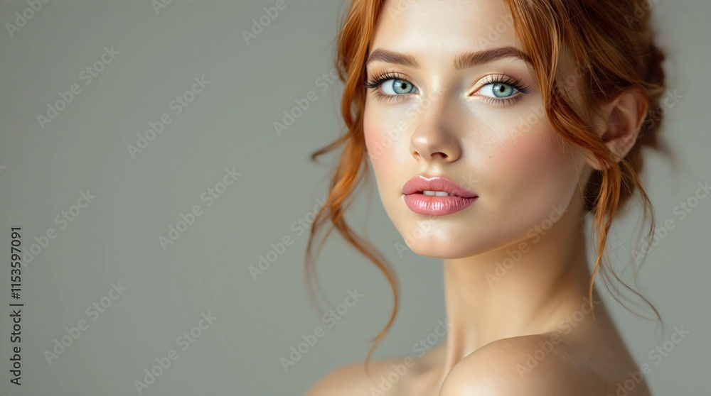 Elegant Portrait of a Young Woman With Red Hair. Beautiful Makeup and clear glowing skin. Ideal for skincare, beauty, natural beauty and cosmetics promotions Elegant Portrait of a Young Woman With Red Hair. Beautiful Makeup and clear glowing skin. Ideal for skincare, beauty, natural beauty and cosmetics promotions