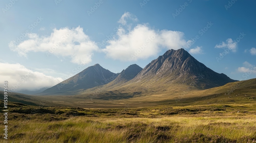 Majestic Mountain Range Under Blue Sky with Fluffy Clouds Majestic Mountain Range Under Blue Sky with Fluffy Clouds