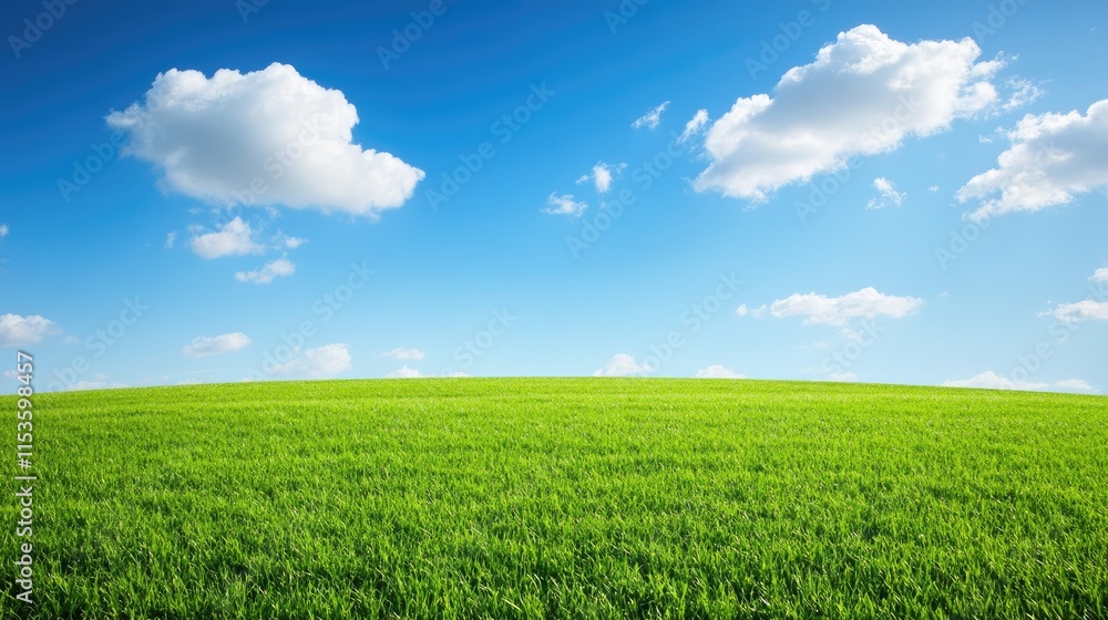 Lush Green Meadow Under Clear Blue Sky with Soft White Clouds Lush Green Meadow Under Clear Blue Sky with Soft White Clouds