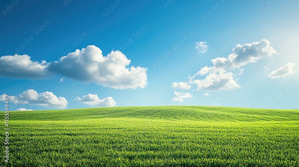Lush Green Field Under Clear Blue Sky with Fluffy White Clouds Lush Green Field Under Clear Blue Sky with Fluffy White Clouds