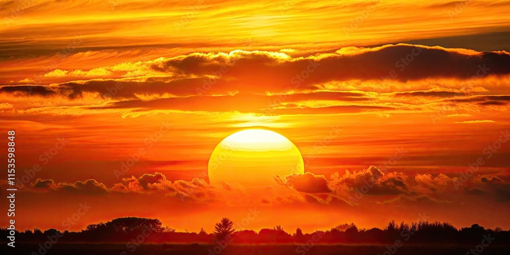 Obraz premium Fiery sunset silhouette, bathed in orange and yellow hues, captures the sun's radiant beauty.