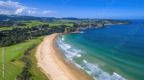 Scenic Coastal View of Sandy Beach with Turquoise Ocean Waves