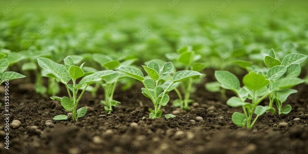 Young green soybean plants thrive in a perfectly clean agricultural field, showcasing healthy seedlings. This vibrant soybean crop demonstrates optimal growth in a well maintained plantation. Young green soybean plants thrive in a perfectly clean agricultural field, showcasing healthy seedlings. This vibrant soybean crop demonstrates optimal growth in a well maintained plantation.