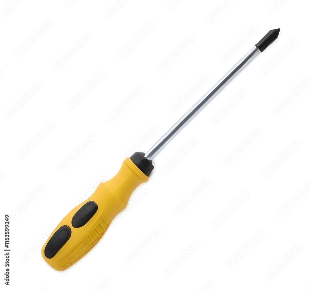 A yellow and black screwdriver with a long metal shaft A yellow and black screwdriver with a long metal shaft