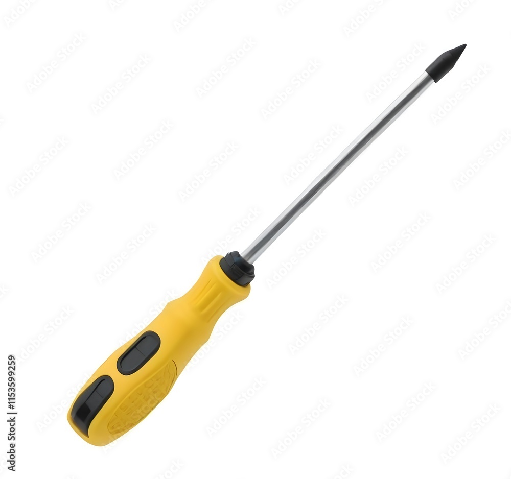 A yellow and black screwdriver with a long metal shaft A yellow and black screwdriver with a long metal shaft