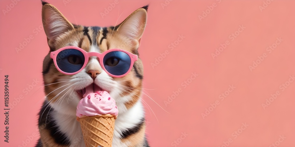 Fototapeta premium A cute tabby cat wearing pink sunglasses and licking an ice cream cone against a background