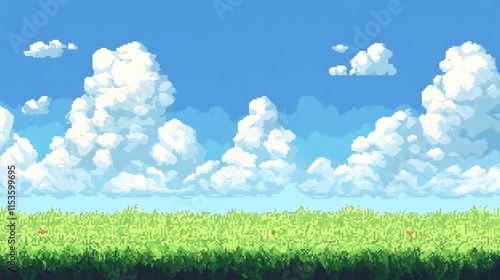 Brightly Colored Pixel Art Illustration: Serene Summer Sky Over Lush Green Field. AI Generated
