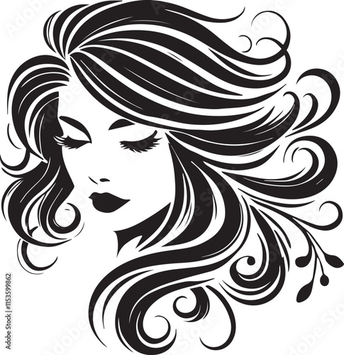 Beauty woman Face and hair style logo vector, woman Face vector illustration, Beauty woman Face and hair style silhouette vector icon black and white