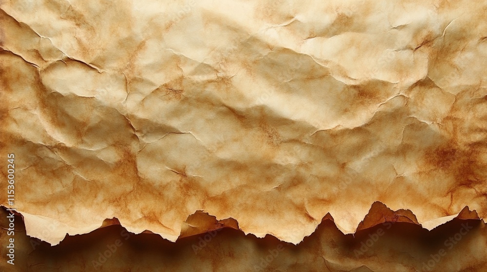 Close-up of crumpled, aged, brown paper texture with uneven edges. Close-up of crumpled, aged, brown paper texture with uneven edges.