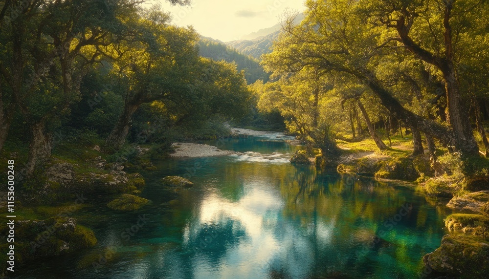 Calm River Flowing Through Lush Green Forest in Sunny Mountain Valley Calm River Flowing Through Lush Green Forest in Sunny Mountain Valley