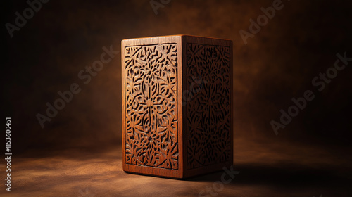 A single carved wood block with intricate patterns, spotlighted, dark gradient background, dramatic studio style photo