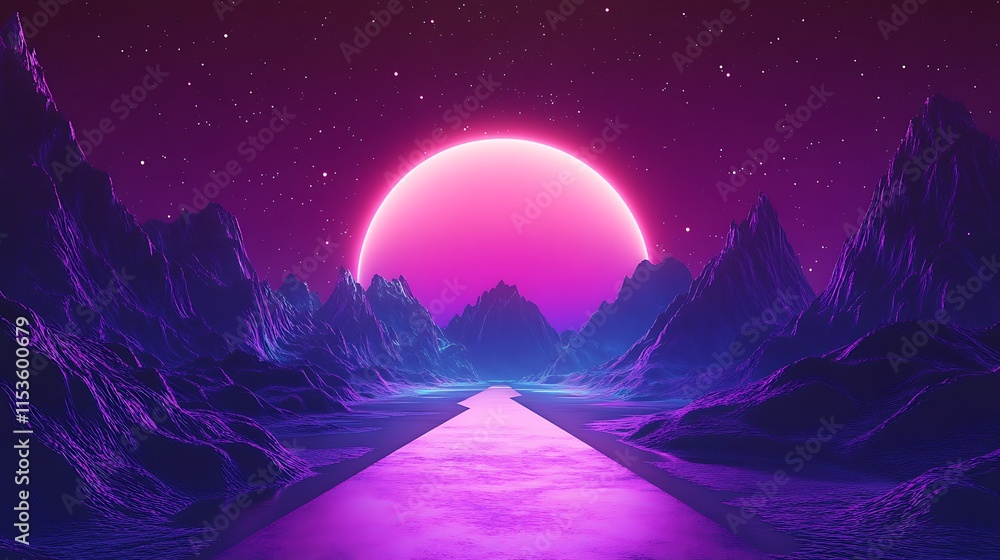 Fototapeta premium Vibrant Retro-Futuristic Digital Painting: Glowing River Winds Through Purple Mountains Under a Neon Pink Sun. AI Generated