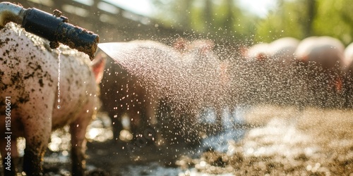 A spray gun is dispersing a fine mist of cold water over pig manure to treat or manage it effectively. The application of cold water helps mitigate issues related to pig manure.