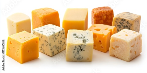 Cheese cubes displayed on a clean white background, showcasing various textures and colors of cheese cubes. Perfect for highlighting cheese cubes in culinary or food related projects. photo