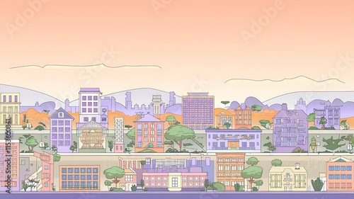 A Colorful Cityscape with Various Buildings and Trees