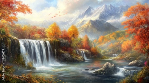 Vibrant Autumn Landscape with Waterfalls and Mountains photo