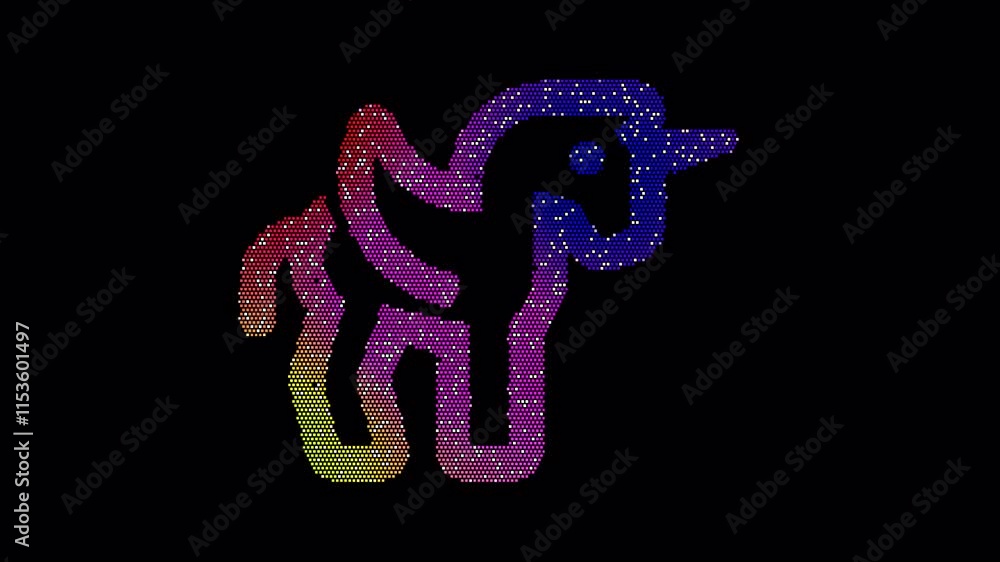 Icon alicorn is made up of LED square shapes that shimmer and flicker. There are black dead diodes. In-Out looped. Alpha BW at the end Icon alicorn is made up of LED square shapes that shimmer and flicker. There are black dead diodes. In-Out looped. Alpha BW at the end