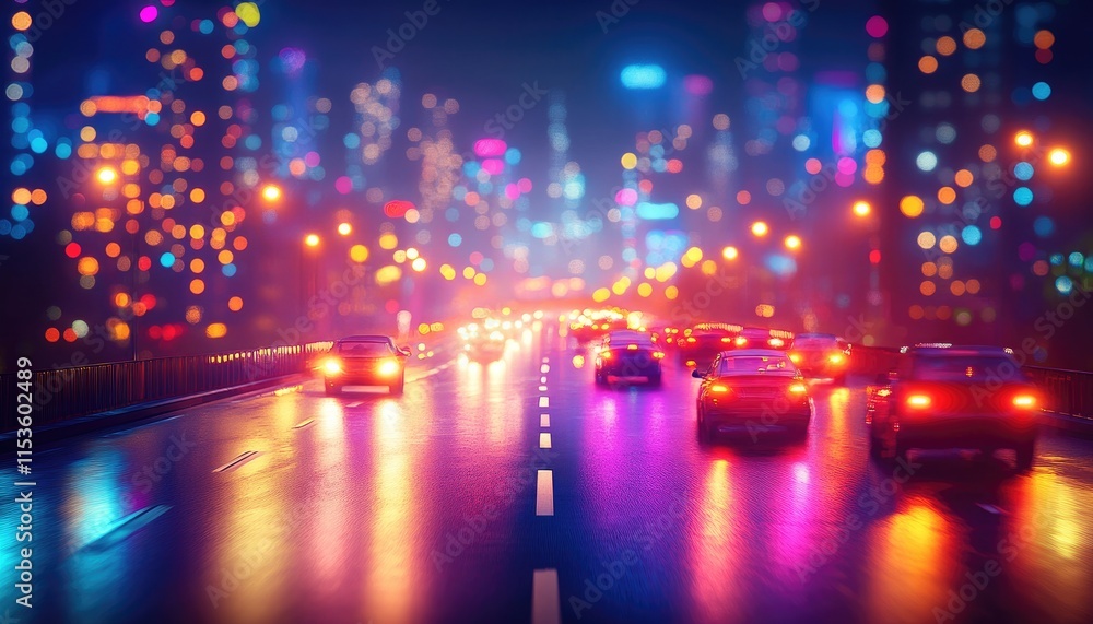 Obraz premium Cars on City Road at Night with Neon Bokeh Lights and Wet Asphalt