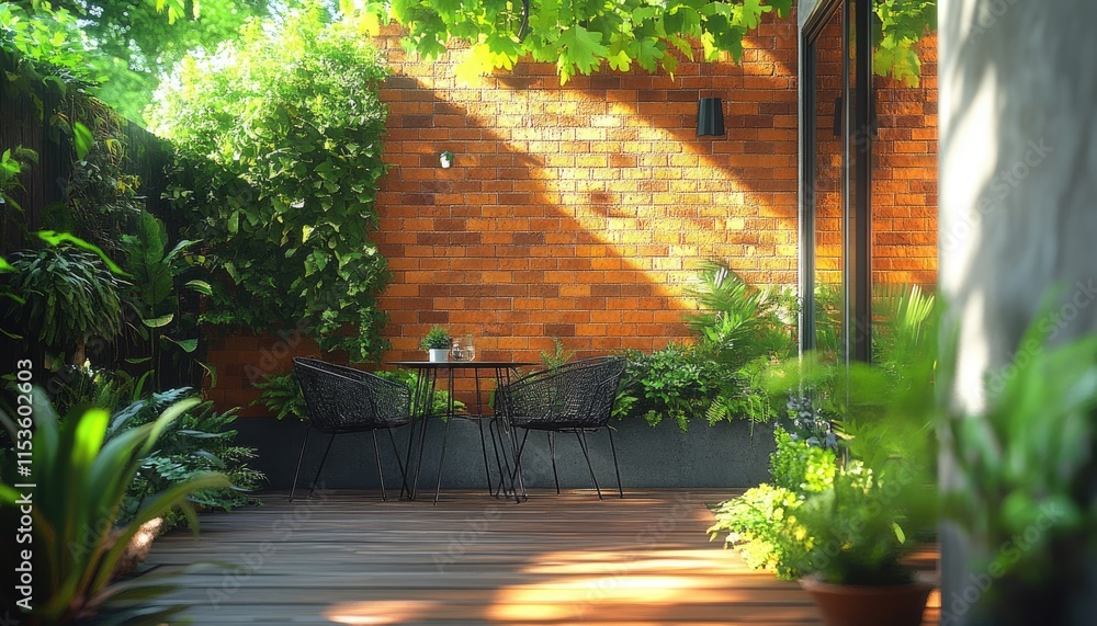 Obraz premium Outdoor Patio with Woven Chairs and Lush Greenery at Brick Wall