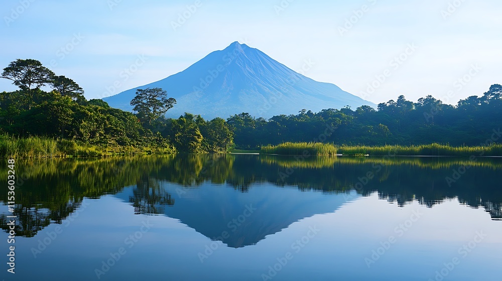 Serene lake reflecting majestic volcano at sunrise. Serene lake reflecting majestic volcano at sunrise.