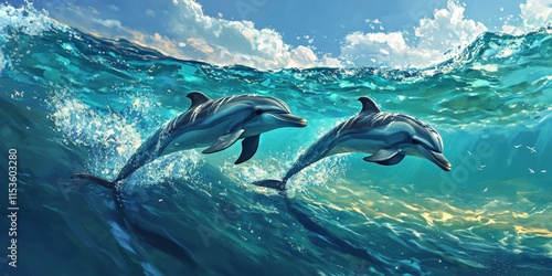 Wild dolphins gracefully swimming in a vibrant blue ocean, showcasing the beauty of marine life, with wild dolphins elegantly leaping above the crystal clear waters.