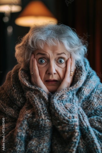 An elderly woman with gray hair looks shocked and surprised, holding her face in her hands. She is wrapped in a large, cozy knitted blanket, set in a dimly lit room with a lamp in the background. 