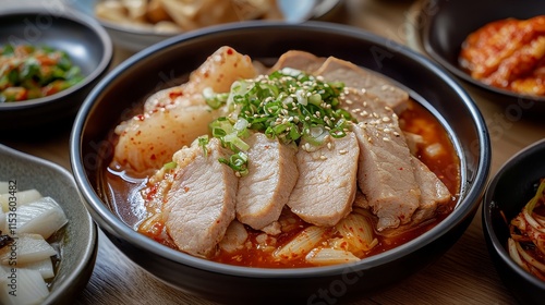 Korean style steamed pork paired with spicy saengseonbim, radish kimchi, and sweet bossam kimchi creates an exquisite experience of Korean traditional cuisine rich in flavors of garlic and pepper. photo