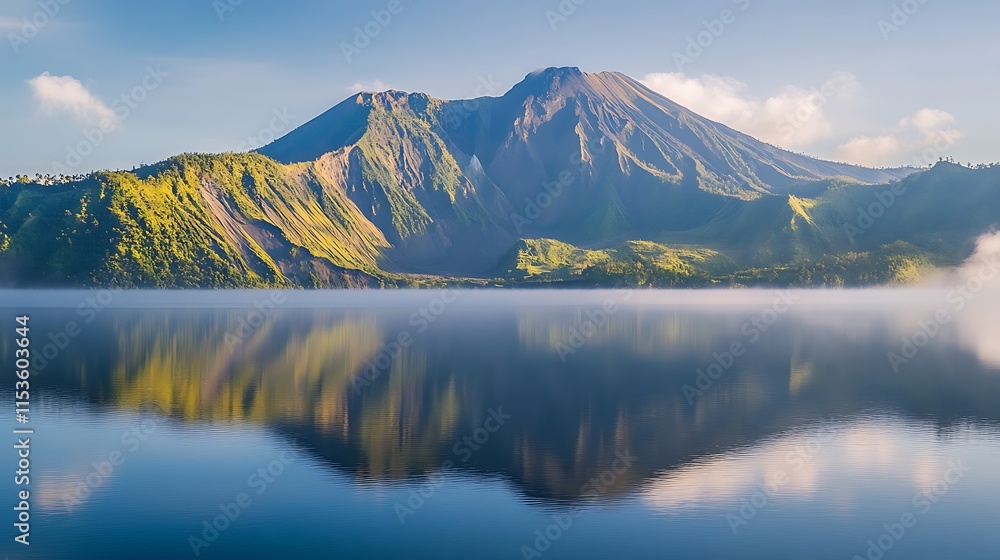 Serene sunrise over a volcanic lake reflecting mountain. Serene sunrise over a volcanic lake reflecting mountain.