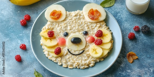 Adorable children s healthy breakfast featuring oatmeal porridge creatively arranged to resemble a bear face, decorated with fresh apple, banana, dried berries, milk, and honey for a fun dessert food photo