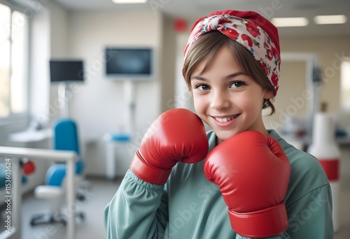 A young girl, approximately 6 years old, with light skin and short brown hair, wearing a colorful floral headscarf and red boxing gloves. She is smiling confidently, showing a playful attitude. The ba photo