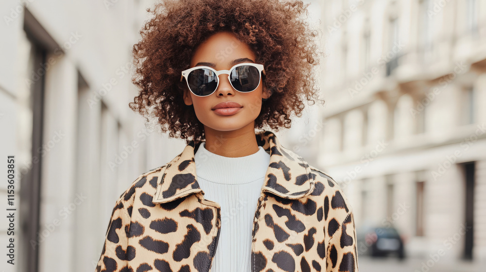 Trendy Fashionable Woman in Leopard Print Jacket and Sunglasses Posing Against Urban Background on Stylish City Street Trendy Fashionable Woman in Leopard Print Jacket and Sunglasses Posing Against Urban Background on Stylish City Street