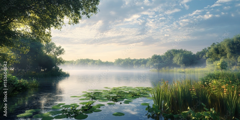 Obraz premium Riverfront scenery within an ecological environment showcases the natural beauty and harmony of the river, highlighting the vital connection of landscapes to ecological dynamics.