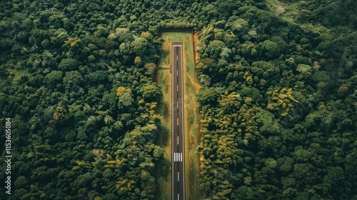 A drone shot of an airport runway surrounded by lush greenery