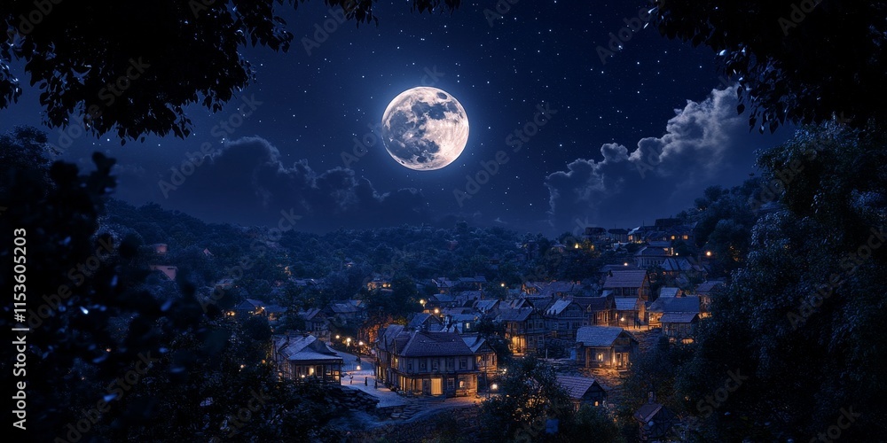Moon shining brightly in the night sky above the town, illuminating the serene atmosphere with its captivating glow. Experience the beauty of the moon in the night sky and its tranquil ambiance. Moon shining brightly in the night sky above the town, illuminating the serene atmosphere with its captivating glow. Experience the beauty of the moon in the night sky and its tranquil ambiance.
