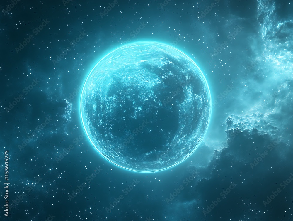 Obraz premium Glowing Celestial Sphere: Vibrant Digital Painting of a Futuristic Planet in Deep Space. AI Generated