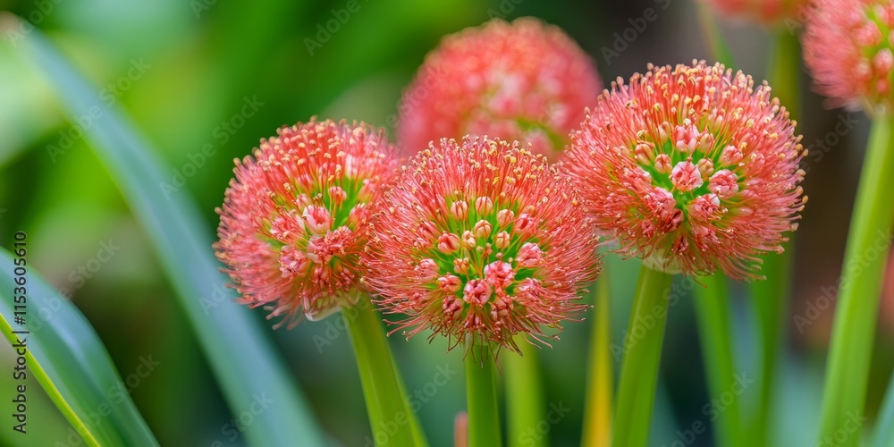 Close up view of Scadoxus multiflorus, widely recognized as the blood lily, featuring striking blooms and a unique appearance. This bulbous ornamental plant is also referred to as the fireball lily. Close up view of Scadoxus multiflorus, widely recognized as the blood lily, featuring striking blooms and a unique appearance. This bulbous ornamental plant is also referred to as the fireball lily.