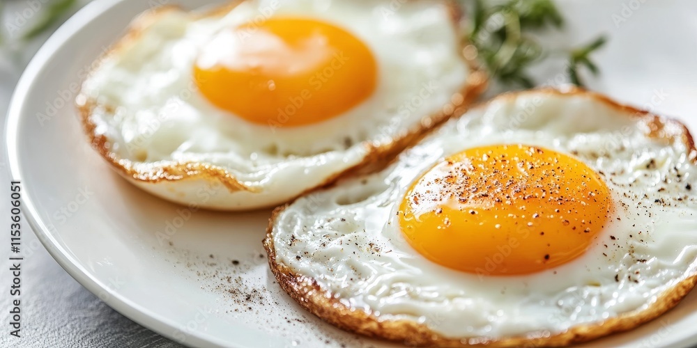 Close up of perfectly cooked fried eggs served on a classic white ceramic plate, highlighting the rich texture and vibrant colors of fried eggs for a delectable breakfast option. Close up of perfectly cooked fried eggs served on a classic white ceramic plate, highlighting the rich texture and vibrant colors of fried eggs for a delectable breakfast option.