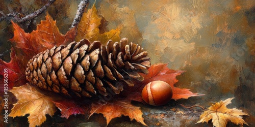 Autumn brings the beauty of a pine cone, acorn, and birch leaf, showcasing nature s vibrant colors and textures. Discover the charm of pine cones, acorns, and birch leaves in the fall season. photo