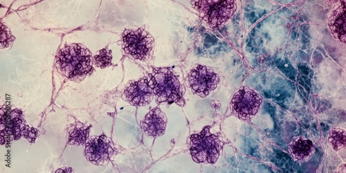 Gram stained smear from a sputum specimen showcasing Gram positive diplococci bacteria, highlighting Streptococcus pneumoniae, along with mucus and white blood cells viewed under 100X magnification. photo