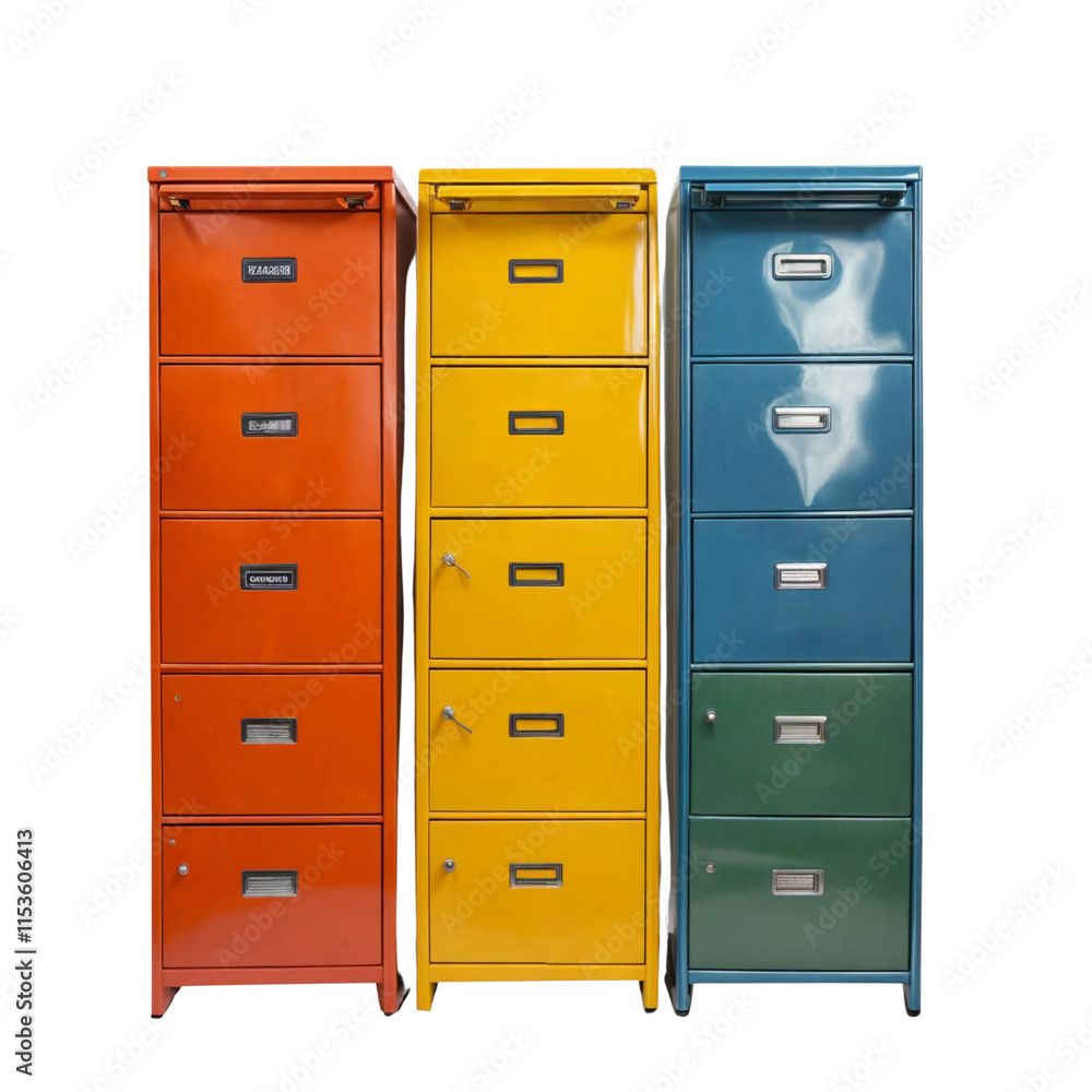 Colorful Metal Filing Cabinets: A trio of vibrant filing cabinets in red, yellow, and blue, offering a cheerful and functional solution for storage and organization. Colorful Metal Filing Cabinets: A trio of vibrant filing cabinets in red, yellow, and blue, offering a cheerful and functional solution for storage and organization.