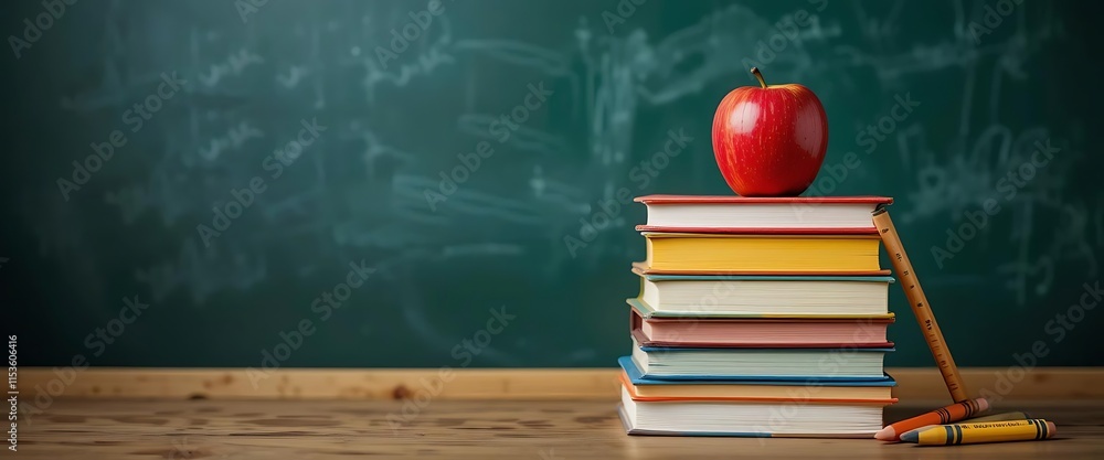 Red Apple Books Stack Chalkboard Education Scene Back to School Red Apple Books Stack Chalkboard Education Scene Back to School
