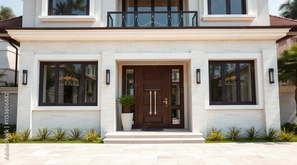 Fototapeta premium White House Exterior with Dark Brown Front Door and Rectangular Windows