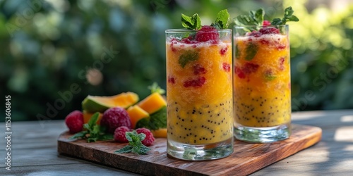 Invigorating summer drink, blended together, featuring eco friendly materials, and a side of fresh fruit salad, perfect for a delightful and refreshing experience.