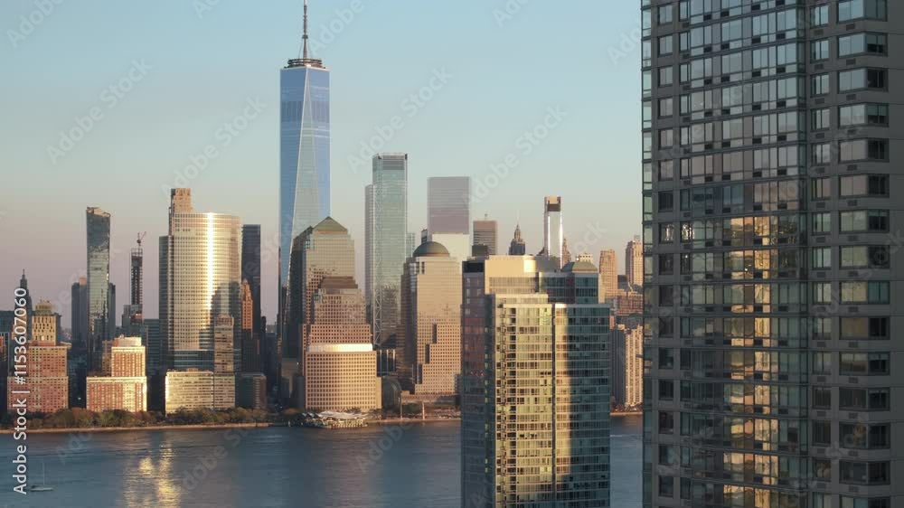 Aerial view of the World Trade Center at dusk. Shot during the autumn in Hoboken, New Jersey. Aerial view of the World Trade Center at dusk. Shot during the autumn in Hoboken, New Jersey.