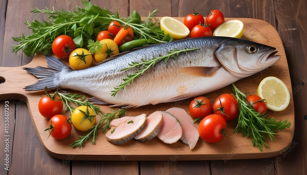 Smoked fish on a wooden board , surrounded by fresh herbs and vegetables Smoked fish on a wooden board , surrounded by fresh herbs and vegetables